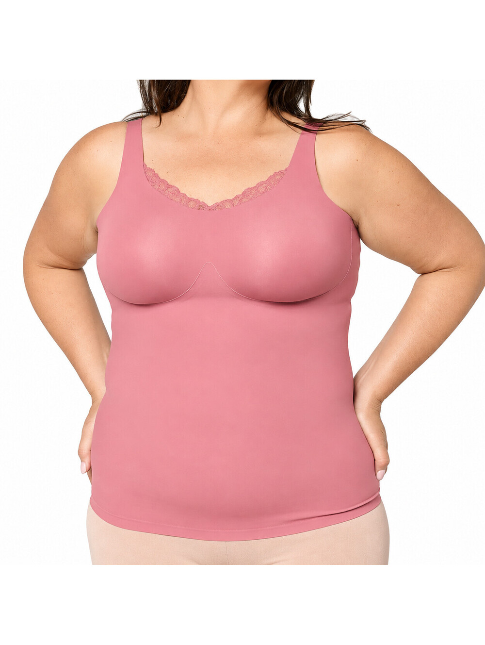 "As Is" Evelyn & Bobbie Lace Trimmed V-Neck Seamless Bra Cami Pink Canyon, Large